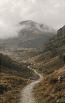 A path winding up a mountainside at first light